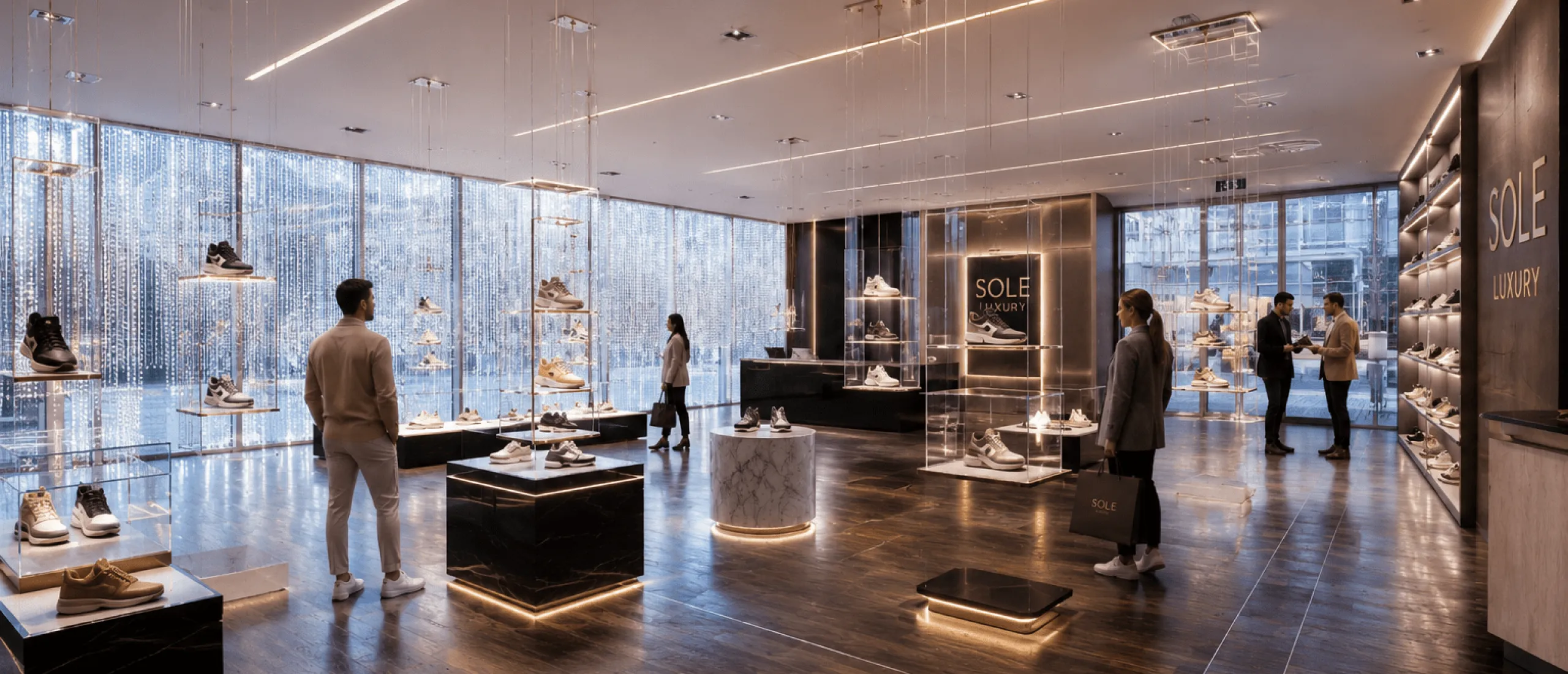modern sneaker store with display shelves and shoppers
